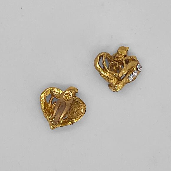 Vintage Christian Lacroix Heart Shaped Postmodern Gold Jeweled Cli On Earrings - Picture 8 of 9